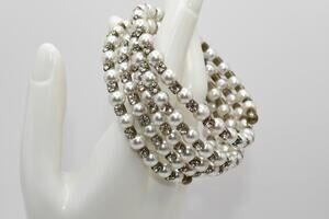 Vintage Faux Pearl Rhinestone Memory Wire Bracelet 5 Row Wrap Bracelet